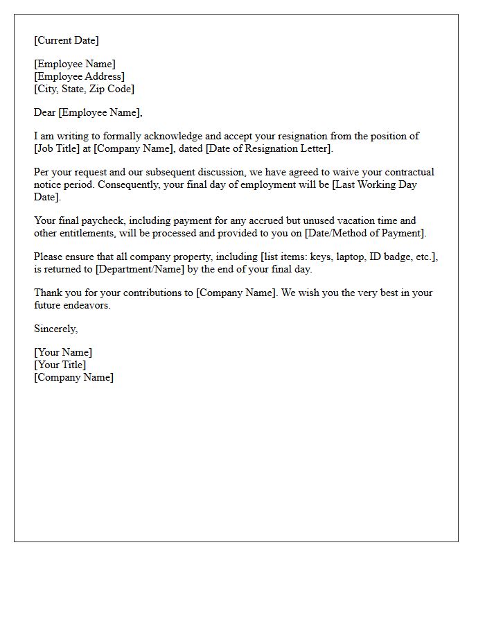 Resignation Acceptance Letter Acknowledging Waived Notice Period
