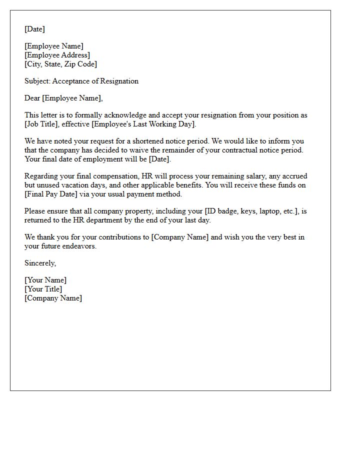 Short Notice Resignation Acceptance Letter from HR