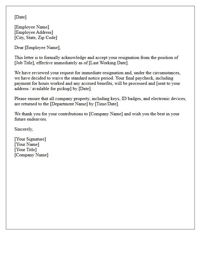 Letter of Acceptance for Immediate Resignation Request