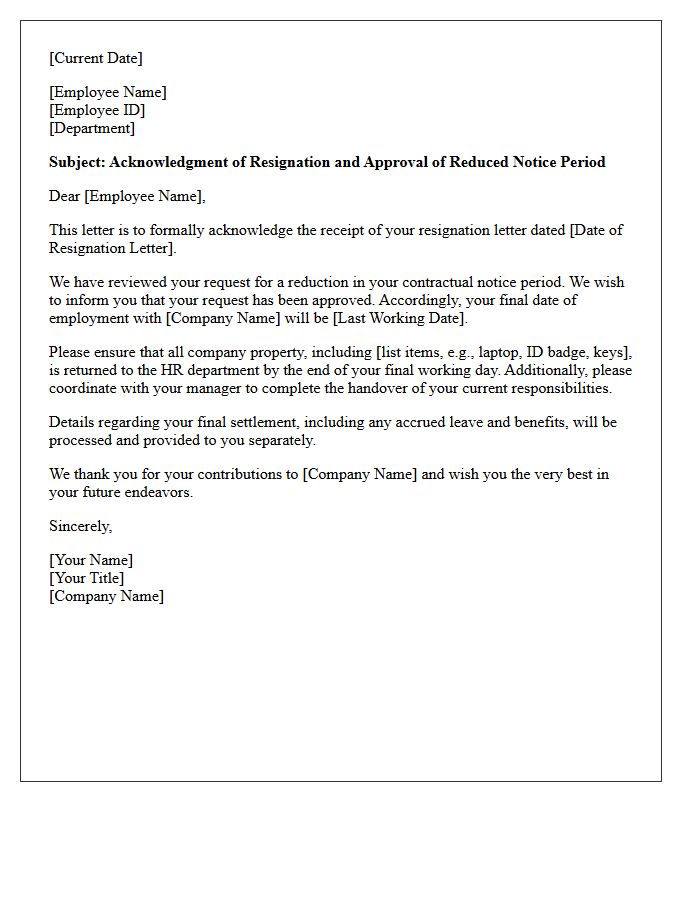 HR Acknowledgment Letter for Reduced Notice Period