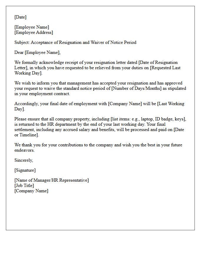 Waiver of Notice Period Resignation Acceptance Letter