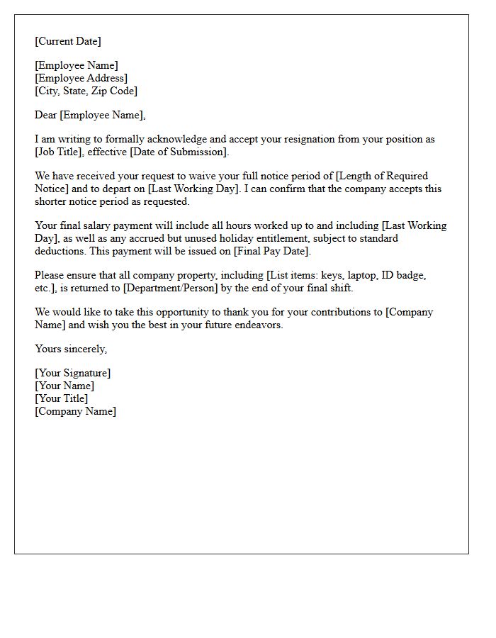 Letter Confirming Acceptance of Short Notice Resignation