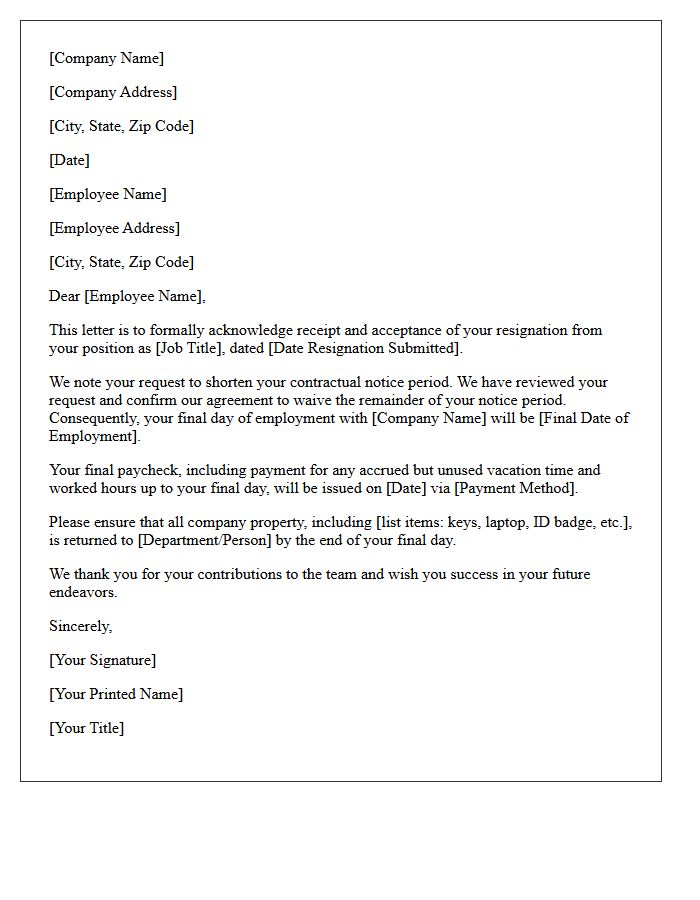 Letter of Acknowledgment for Shortened Notice Resignation