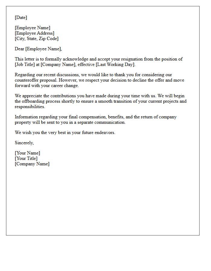 Human Resources Letter Of Resignation Acceptance And Counteroffer Rejection