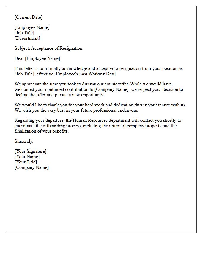 Official Letter Accepting Resignation Following Counteroffer Decline