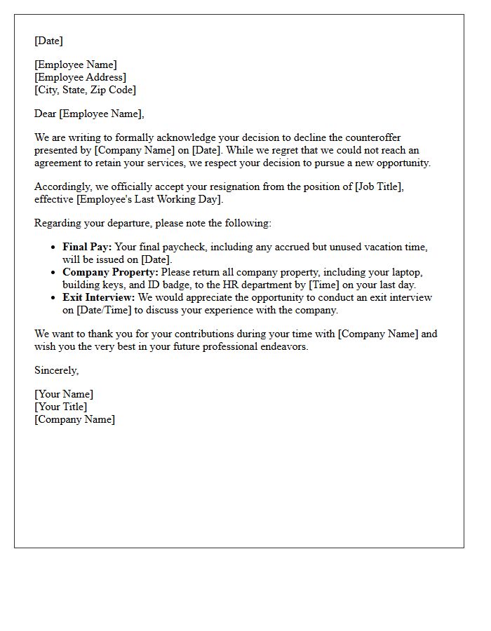 Human Resources Letter Acknowledging Counteroffer Rejection And Accepting Resignation