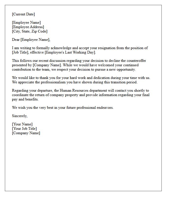 Letter Confirming Resignation Acceptance After Counteroffer Rejection