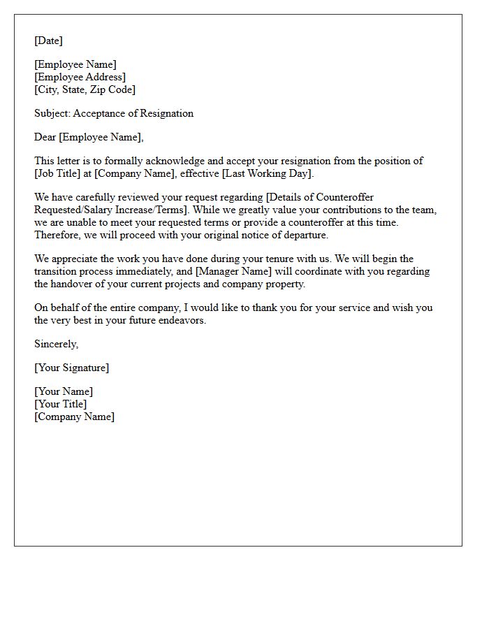 Acceptance Of Resignation And Counteroffer Rejection Letter