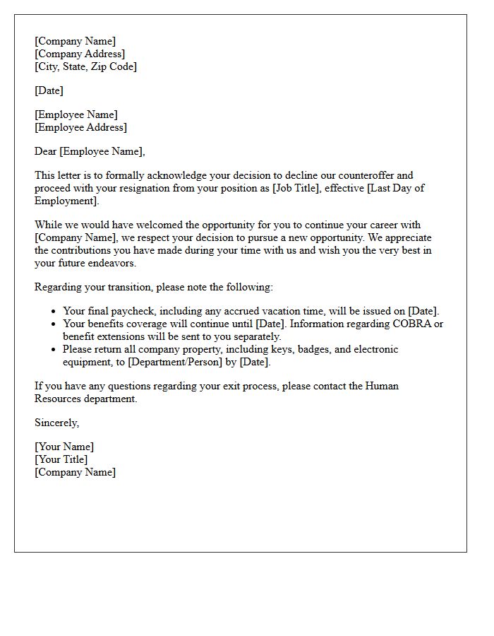 Employee Separation Letter Acknowledging Declined Counteroffer