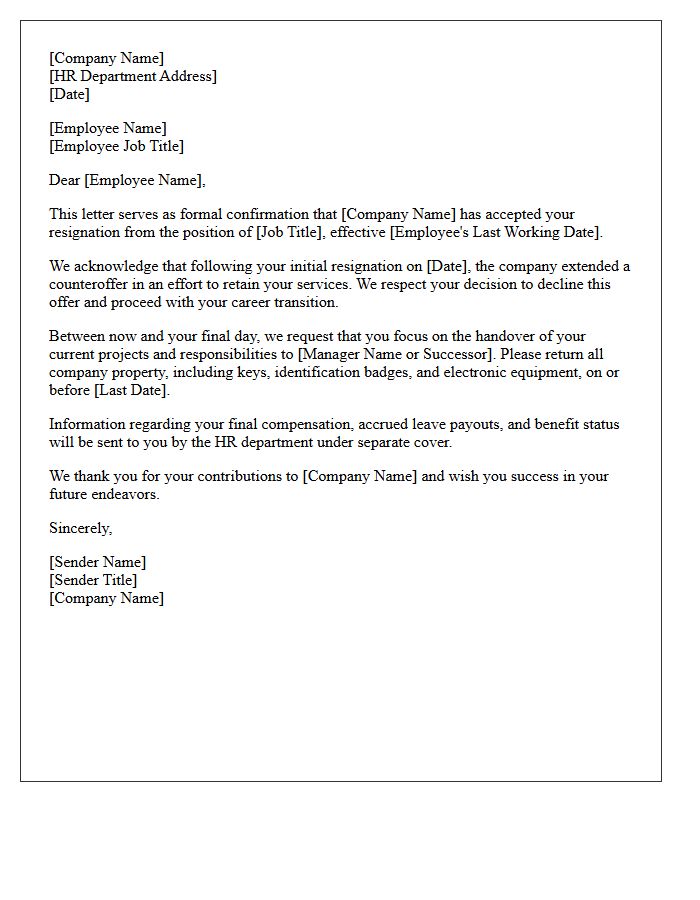 Human Resources Letter Confirming Resignation Post-Counteroffer Rejection