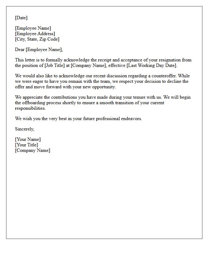 Letter Of Acknowledgment For Resignation And Declined Counteroffer