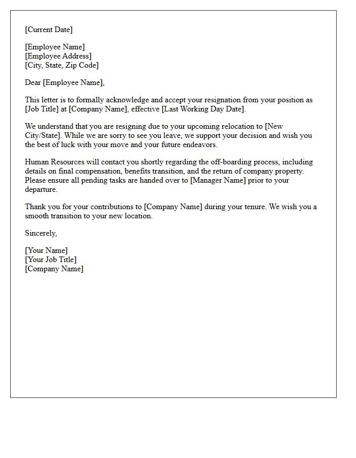 Formal Human Resources Relocation Resignation Acceptance Letter