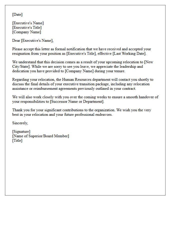 Executive Relocation Resignation Acceptance Letter