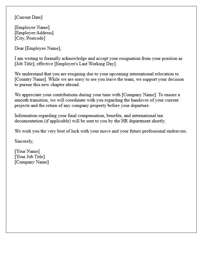 International Relocation Resignation Acceptance Letter