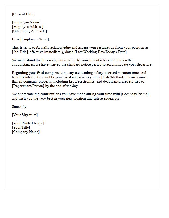 Immediate Departure Relocation Resignation Acceptance Letter