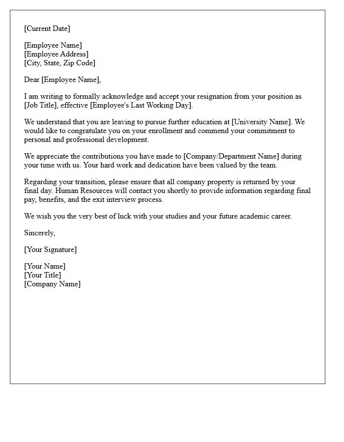 Employee Resignation Acceptance Letter for University Enrollment