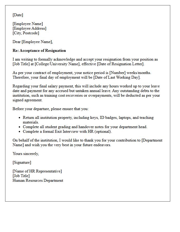 Further Education Resignation Acceptance Letter from Human Resources