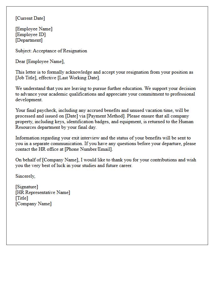 Standard Human Resources Acceptance Letter for Educational Resignation