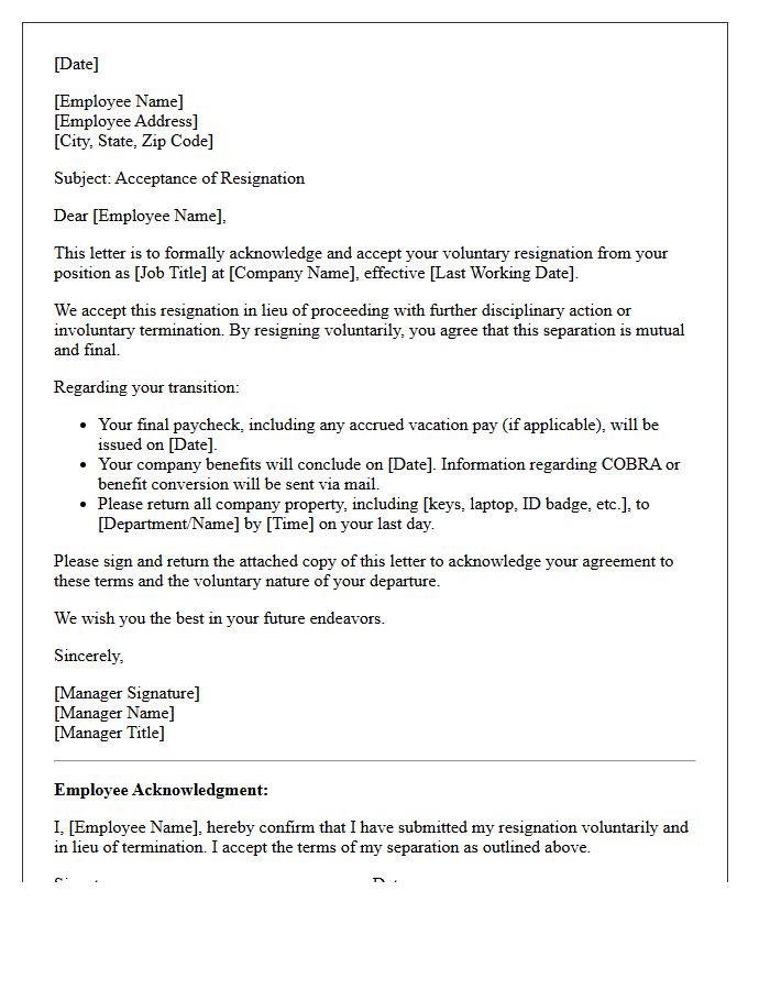 Resignation Acceptance in Lieu of Termination Letter