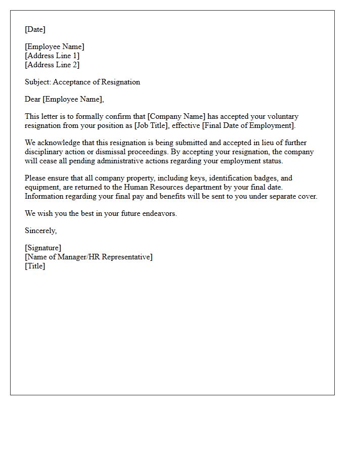 Letter of Resignation Acceptance in Lieu of Dismissal