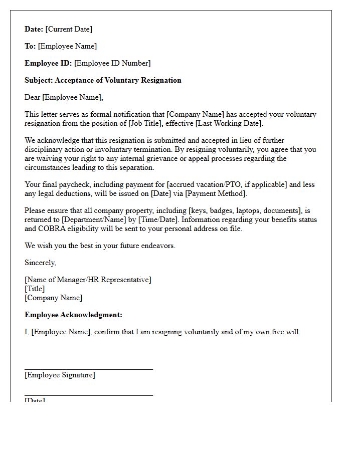 Acceptance of Voluntary Resignation in Lieu of Termination Letter