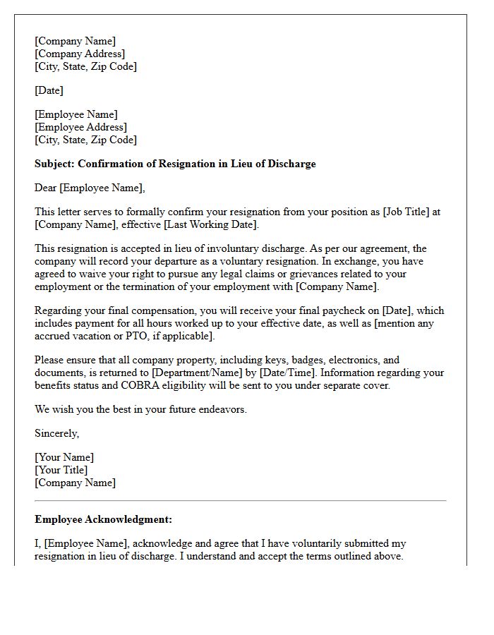 Letter Confirming Resignation in Lieu of Discharge