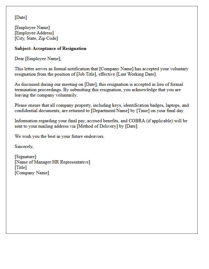 Letter of Acceptance Regarding Resignation in Lieu of Termination