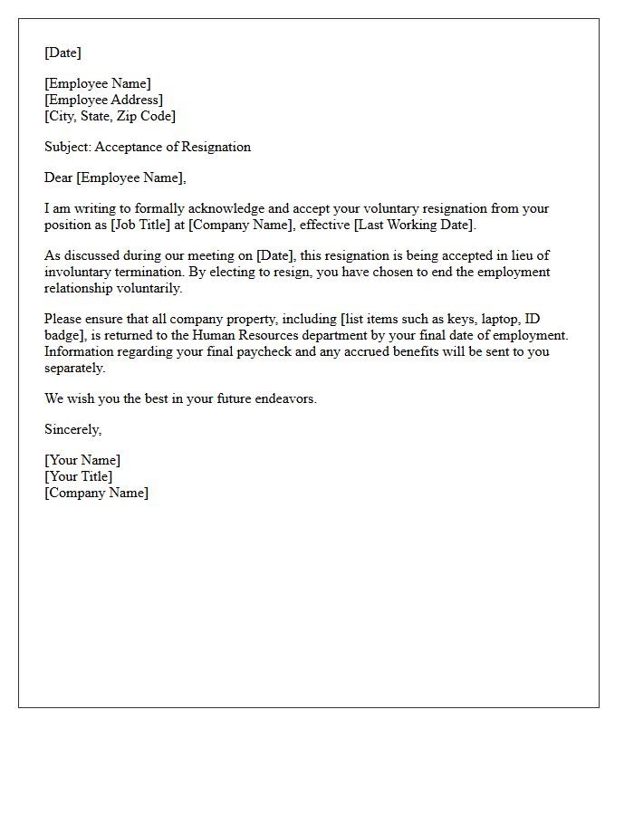 Alternative to Termination Resignation Acceptance Letter