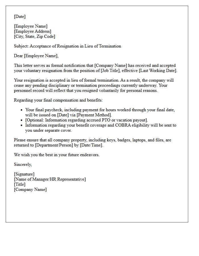 Employee Resignation Acceptance in Lieu of Termination Letter