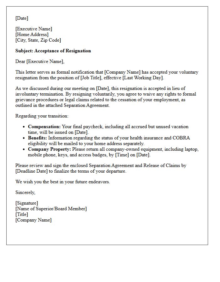 Executive Resignation Acceptance in Lieu of Dismissal Letter