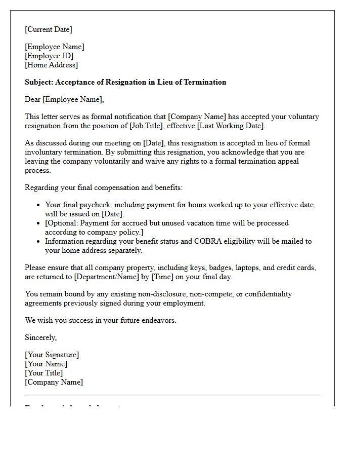 Formal Resignation Acceptance in Lieu of Termination Letter