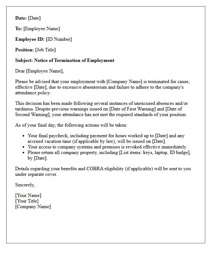 Excessive Absenteeism Termination for Cause Letter