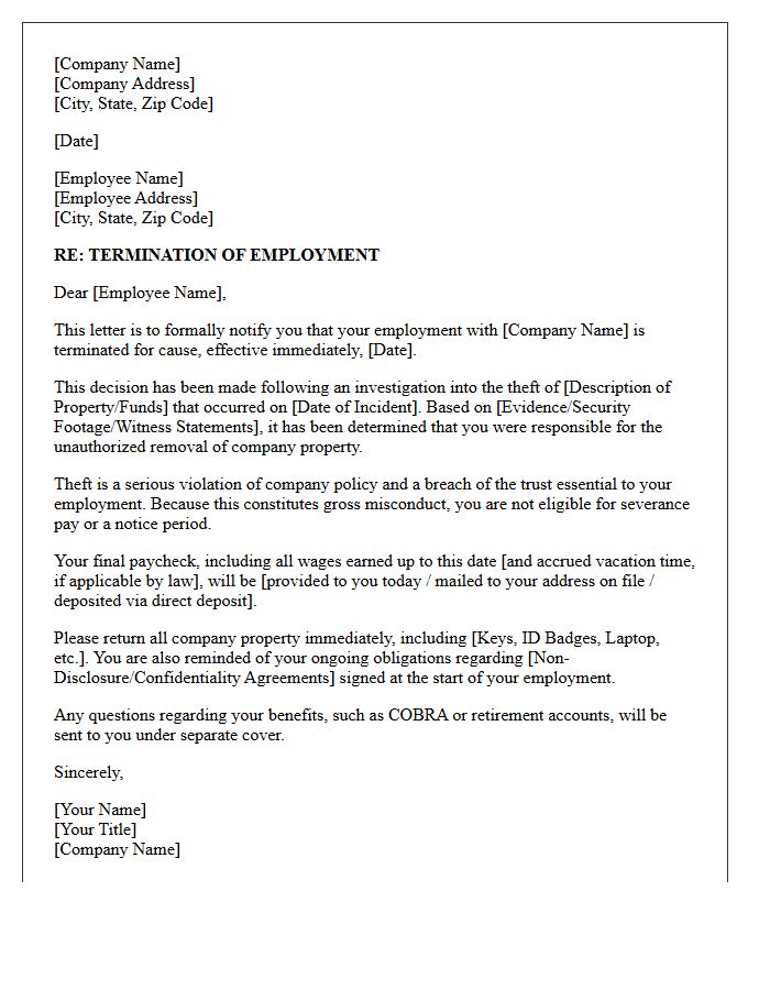 Workplace Theft Termination for Cause Letter
