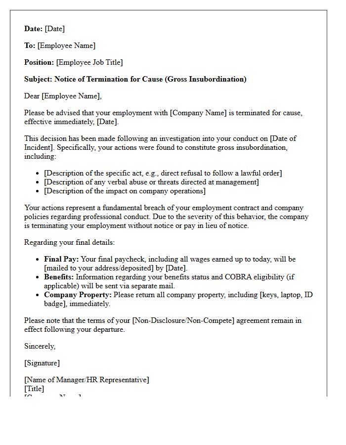 Gross Insubordination Termination for Cause Letter