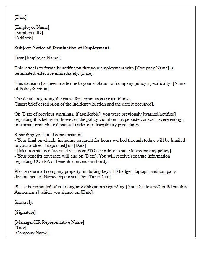 Company Policy Violation Termination for Cause Letter