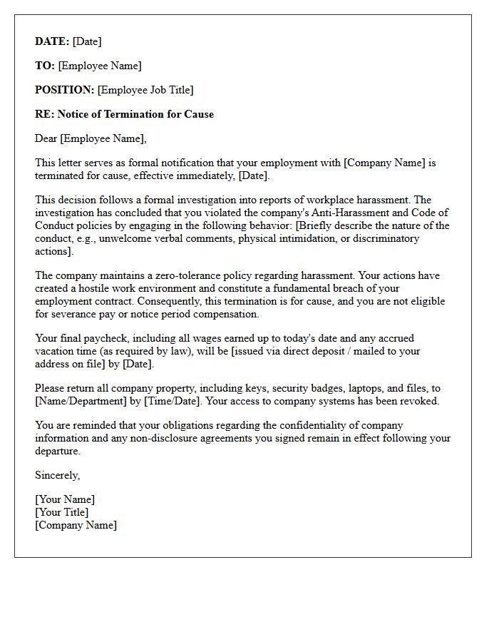 Workplace Harassment Termination for Cause Letter