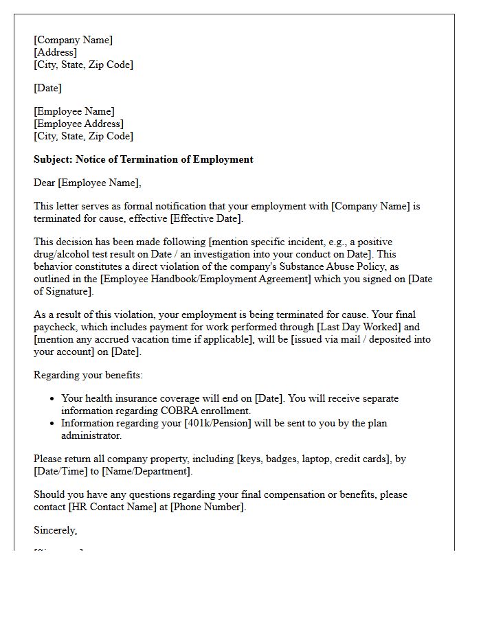 Substance Abuse Termination for Cause Letter