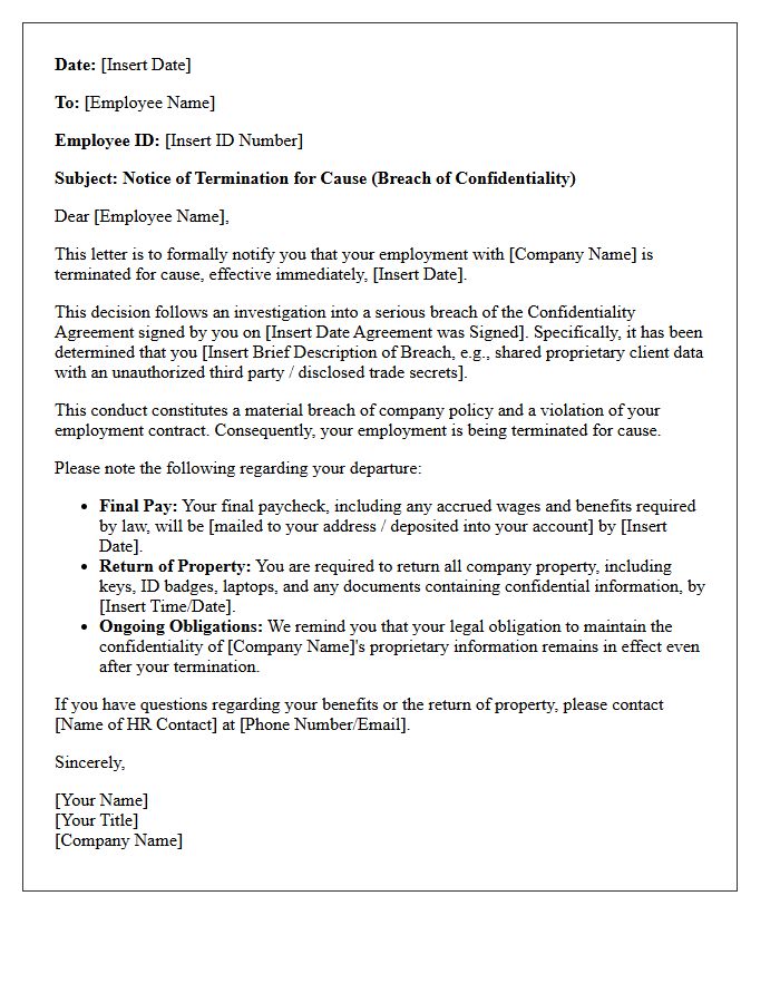 Breach of Confidentiality Termination for Cause Letter