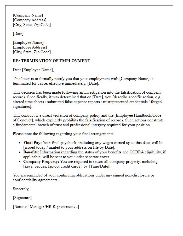 Falsification of Records Termination for Cause Letter