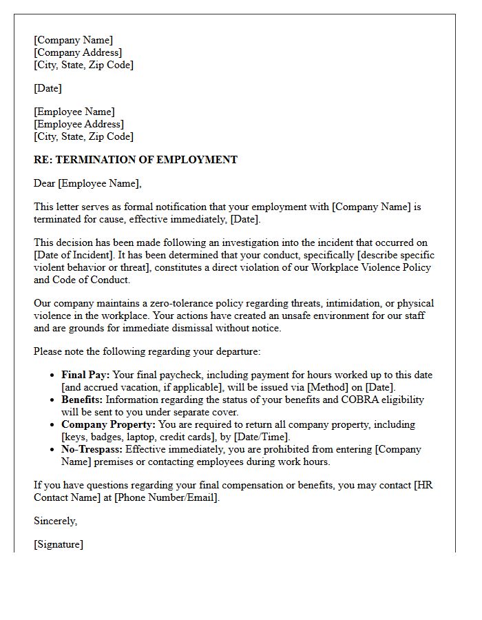 Workplace Violence Termination for Cause Letter