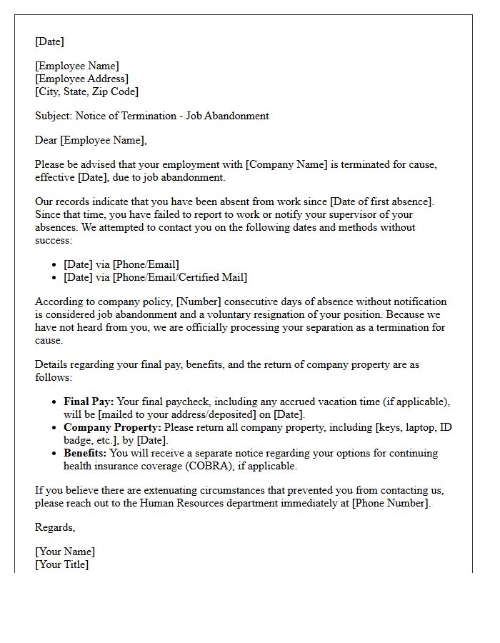 Job Abandonment Termination for Cause Letter