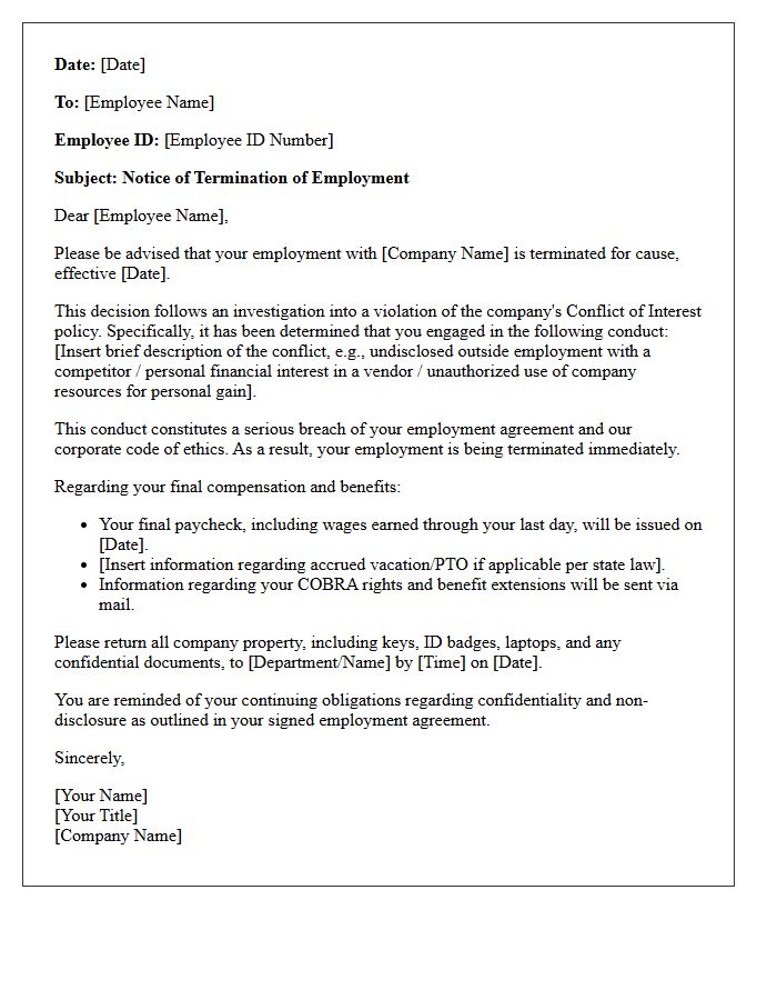 Conflict of Interest Termination for Cause Letter