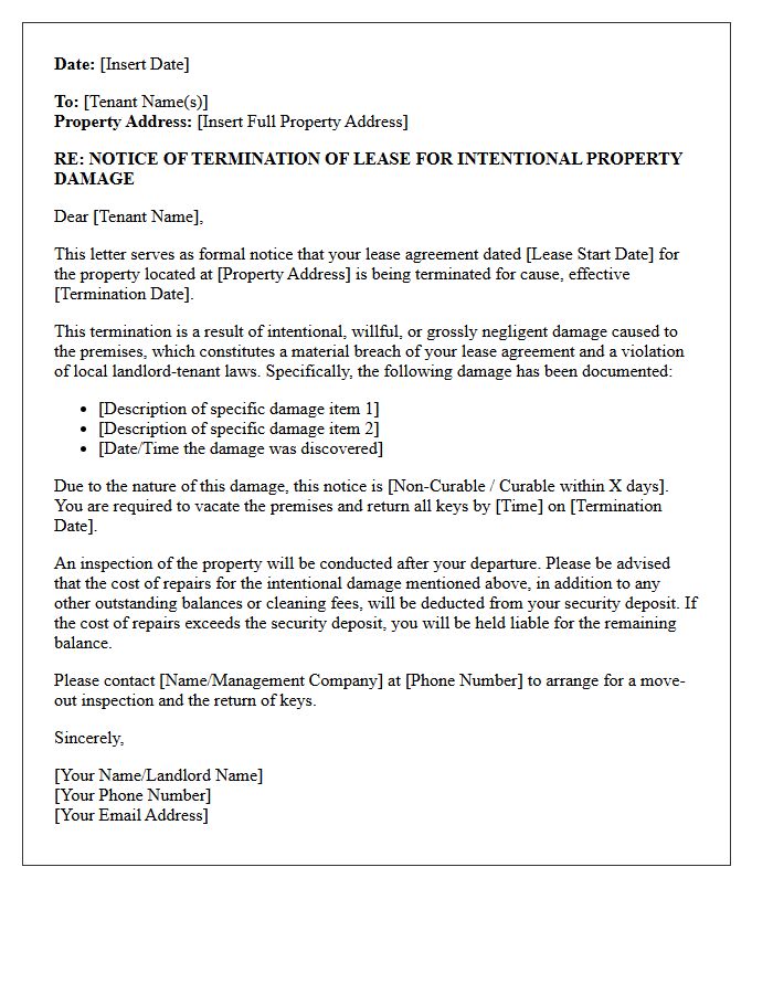 Intentional Property Damage Termination for Cause Letter