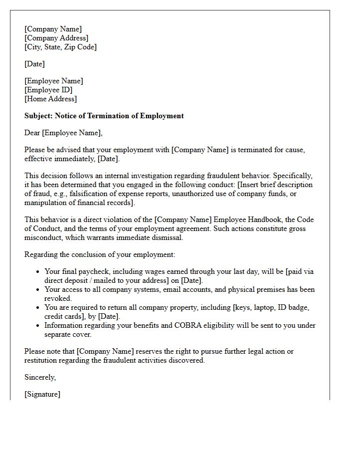 Fraudulent Behavior Termination for Cause Letter