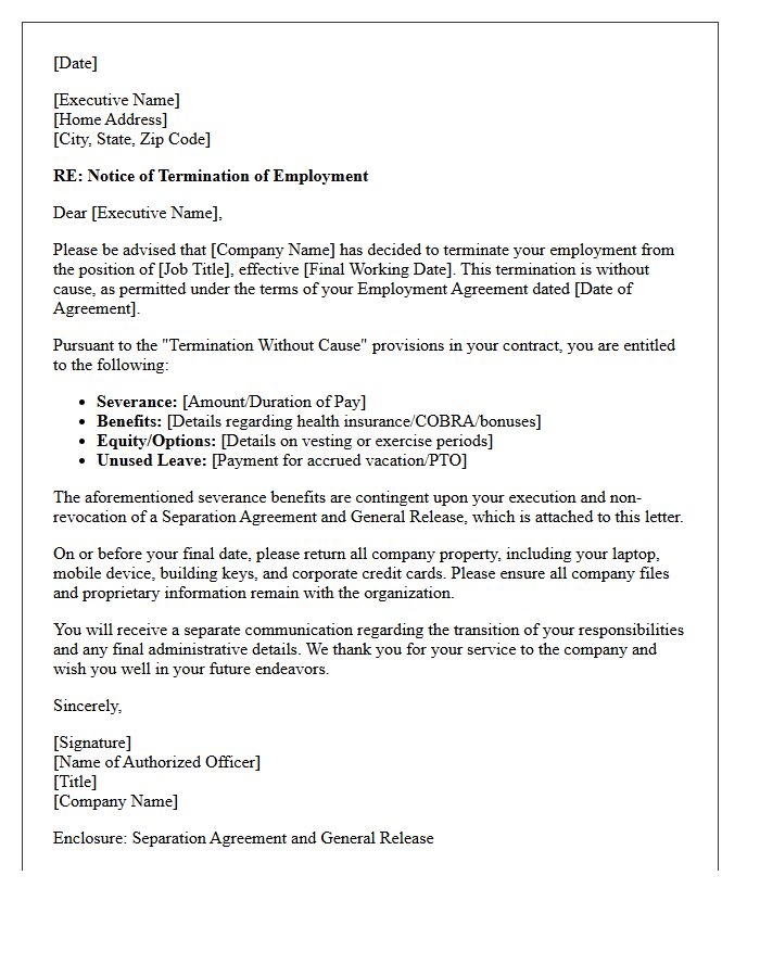 Executive Termination Without Cause Letter