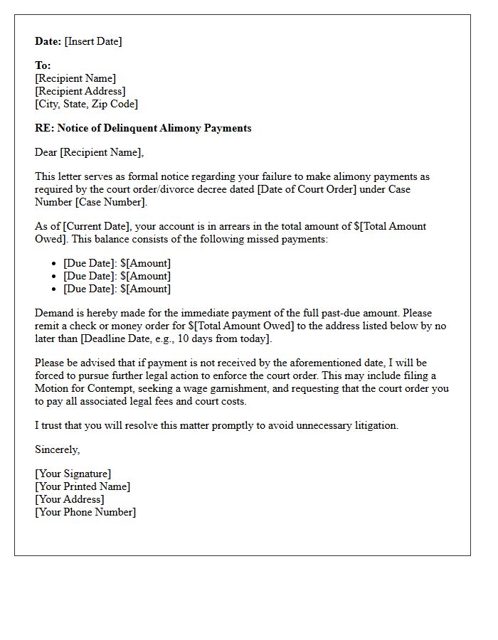 Initial Alimony Enforcement Demand Letter