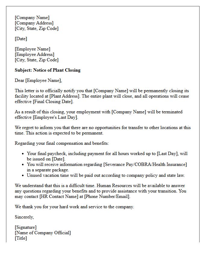 Plant Closing Notification Letter