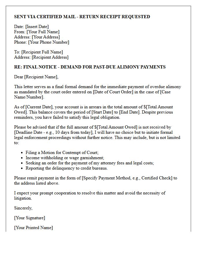 Final Warning Alimony Enforcement Demand Letter