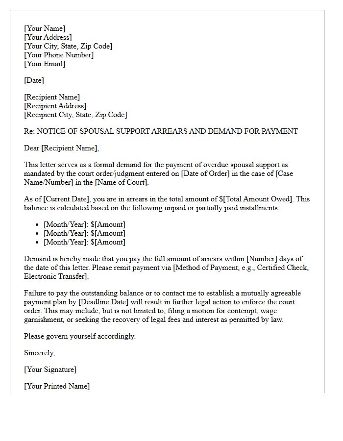 Spousal Support Arrears Enforcement Demand Letter