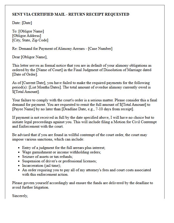 Threat Of Contempt Alimony Enforcement Demand Letter
